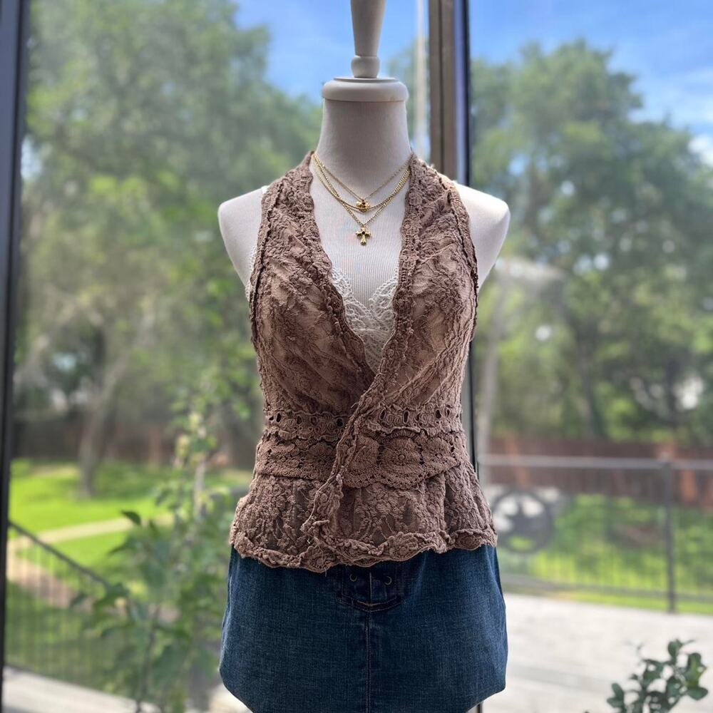 RYU Brown Lace Halter Vest Fairycore Boho